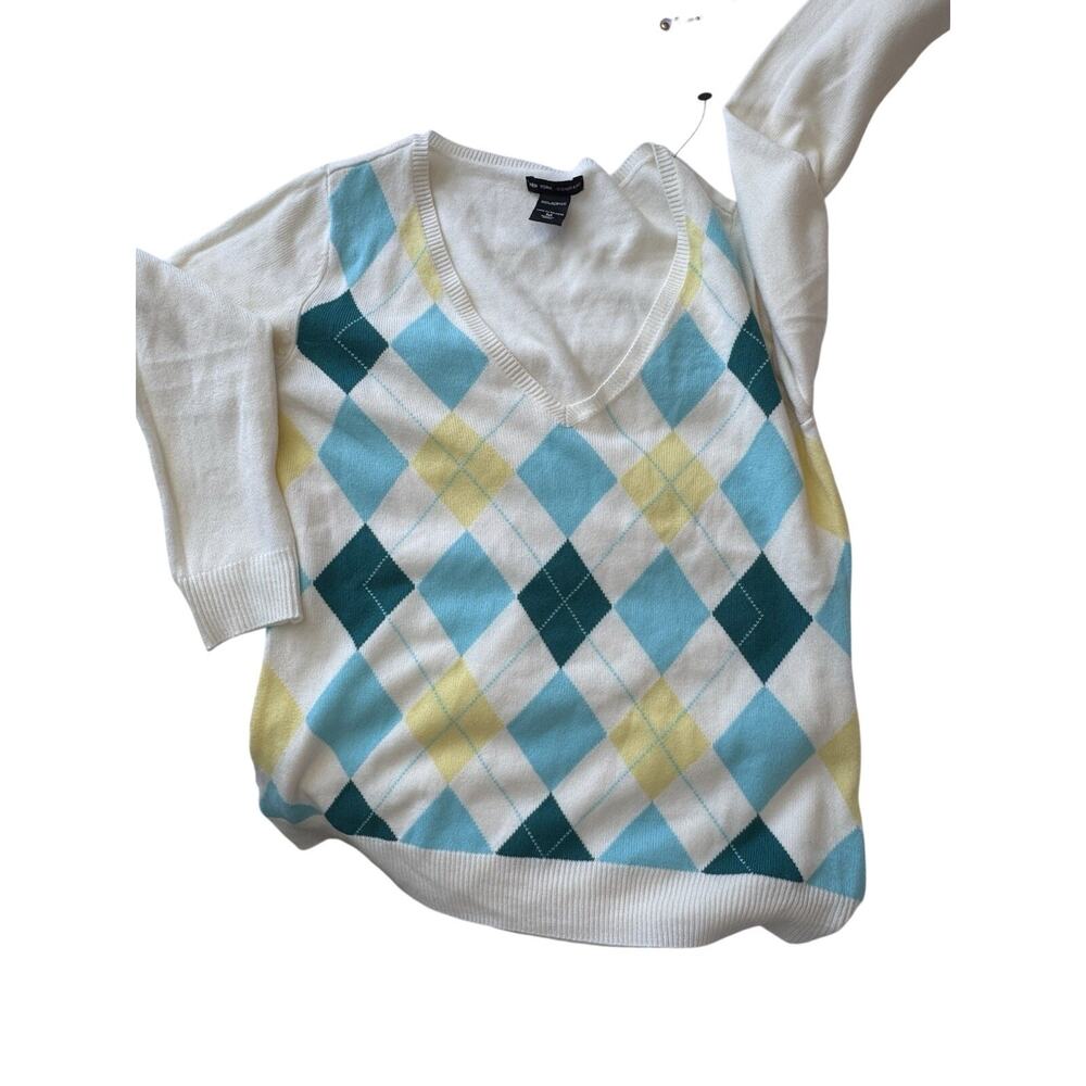 Vintage‎ Y2K 2005 New York Company Women's M 8 Argyle V Neck Sweater Prep Tennis